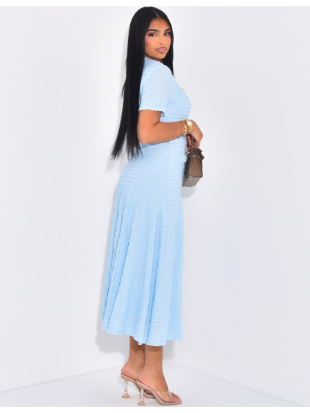 Robe longue texturée & évasée à boutons dorés
