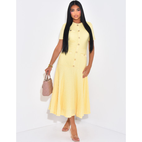 Textured flared maxi dress with gold buttons