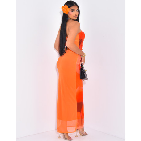 Strapless mesh dress with printed motif