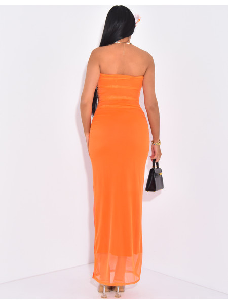 Strapless mesh dress with printed motif