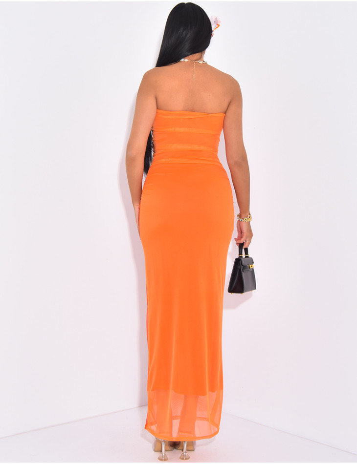 Strapless mesh dress with printed motif