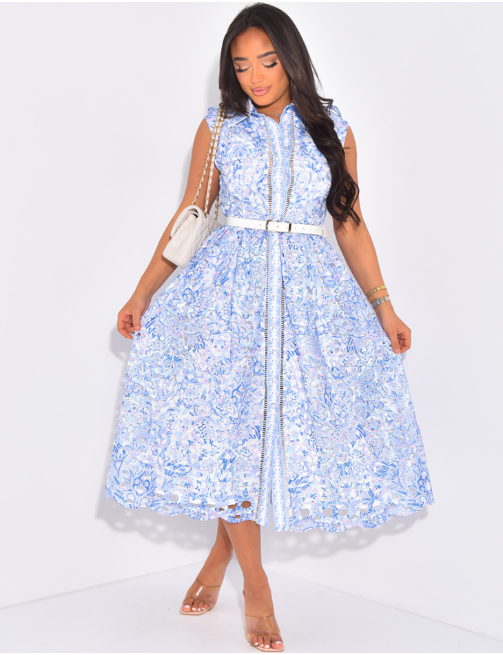 Sleeveless lace shirt dress with belted waist