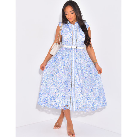 Sleeveless lace shirt dress with belted waist