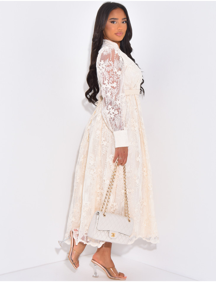 Embroidered long shirt dress with rope belt