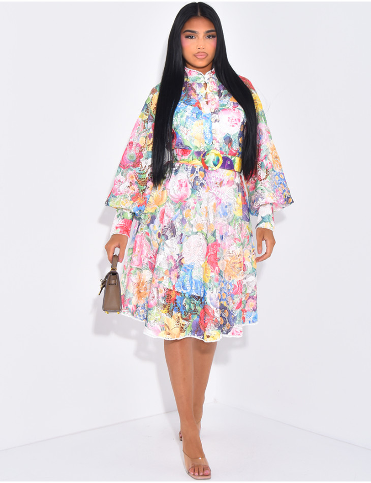 Short dress in coloured lace with button fastening