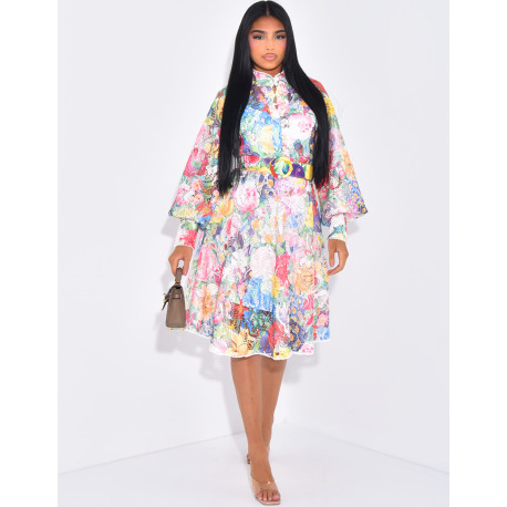Short dress in coloured lace with button fastening