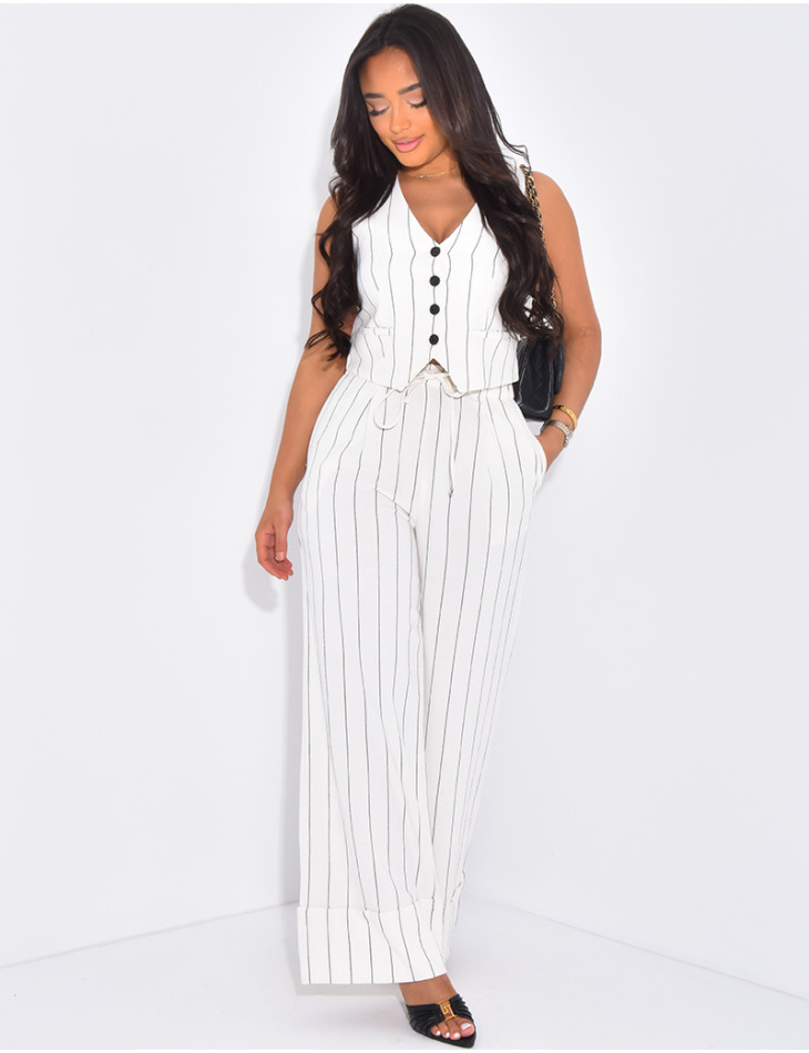 Ensemble gilet sans manche et pantalon droit à rayures effet lin