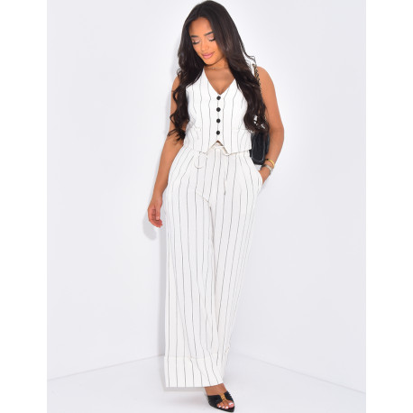 Ensemble gilet sans manche et pantalon droit à rayures effet lin