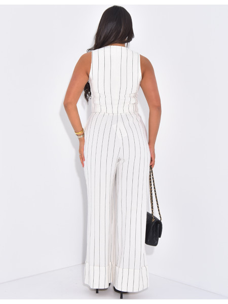 Ensemble gilet sans manche et pantalon droit à rayures effet lin