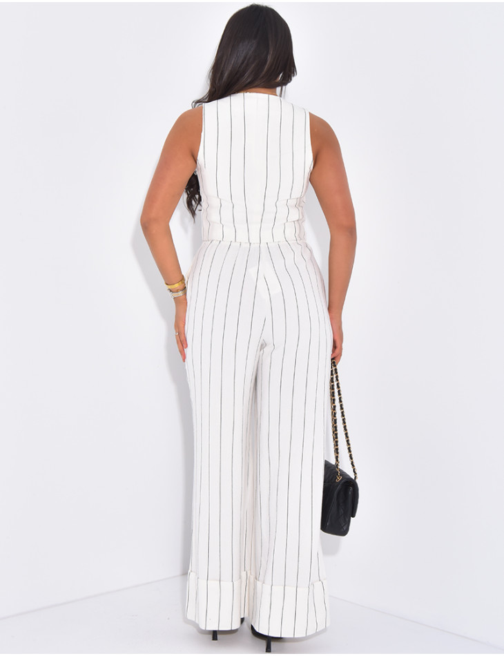 Ensemble gilet sans manche et pantalon droit à rayures effet lin