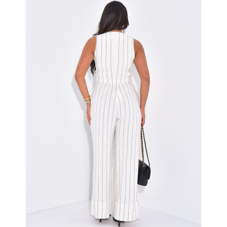 Ensemble gilet sans manche et pantalon droit à rayures effet lin