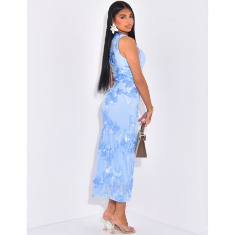 Ärmelloses langes Kleid mit gestickten Blumen