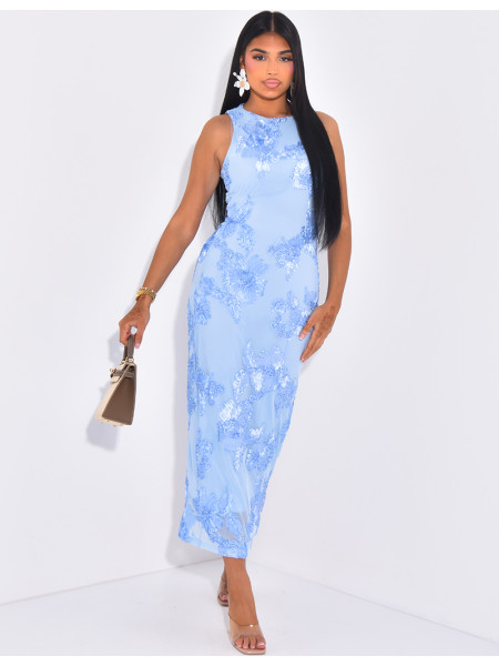 Ärmelloses langes Kleid mit gestickten Blumen