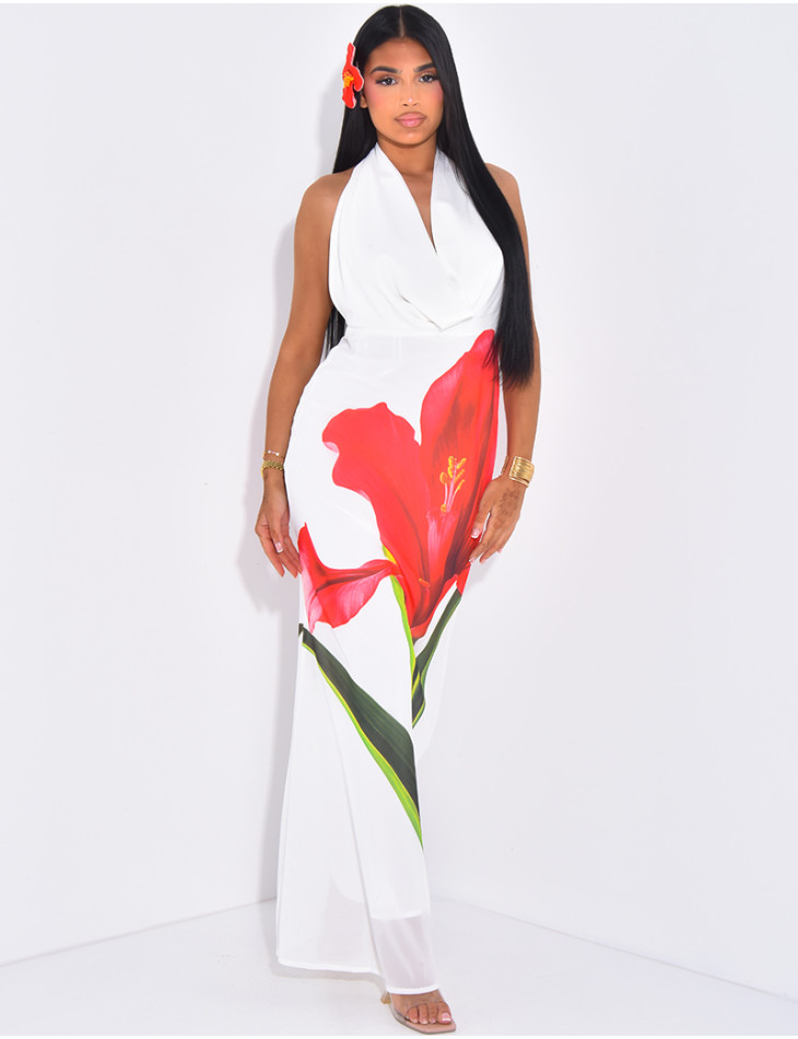 Robe longue dos nu col drapé à motif floral
