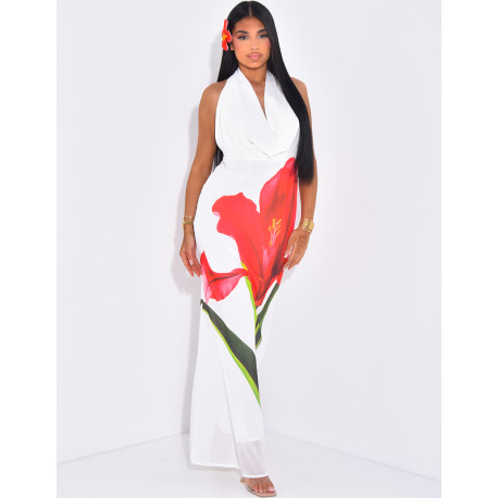 Robe longue dos nu col drapé à motif floral