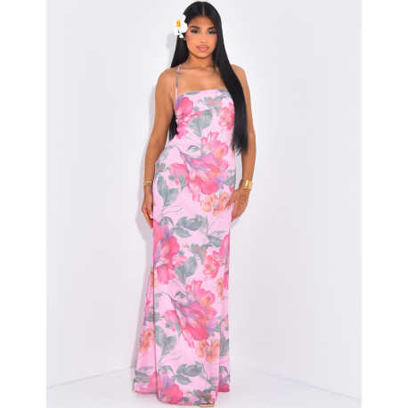 Langes Kleid aus Voile mit Blumendruck und Schnürung im Rücken