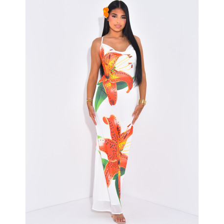 Halter dress in lined voile with floral motif