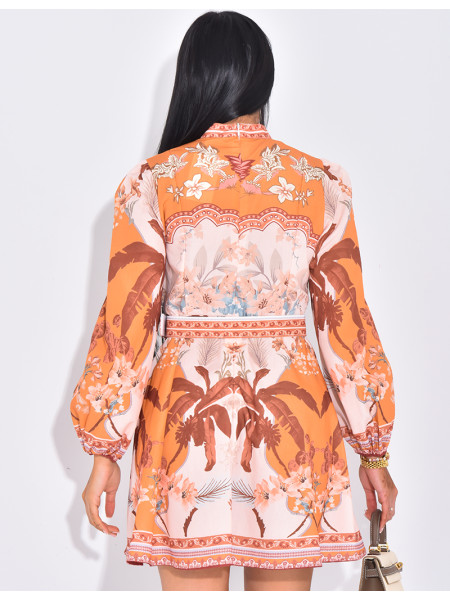 Printed short flared dress with waist belt