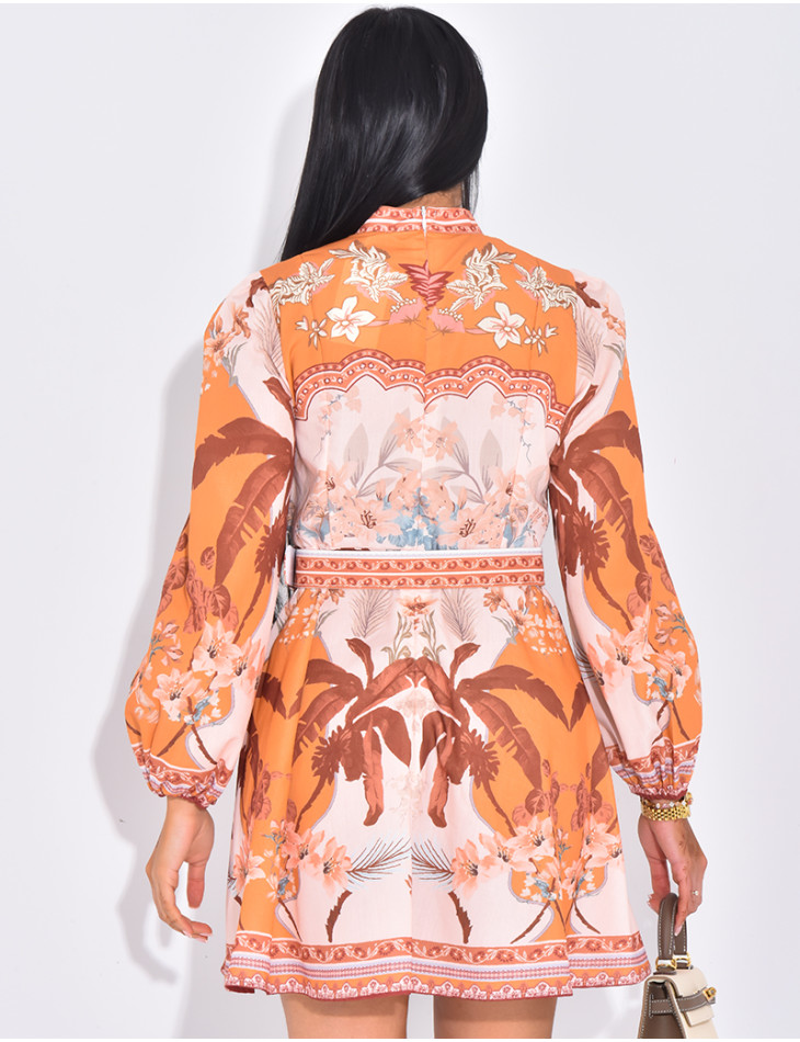 Printed short flared dress with waist belt