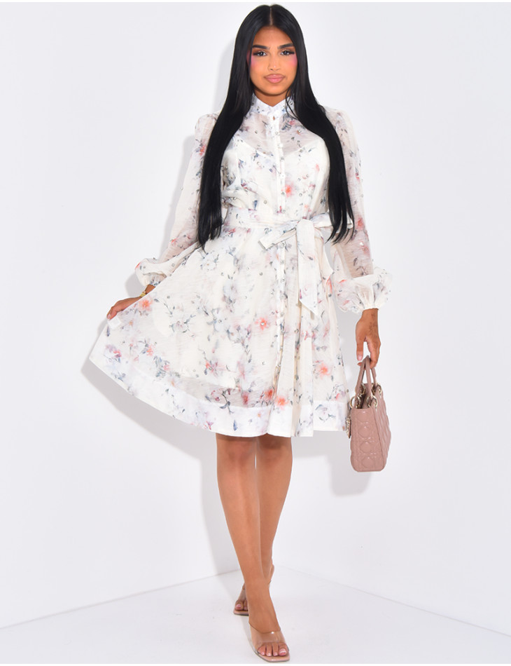 Short transparent flared dress with rhinestone print (includes lining)