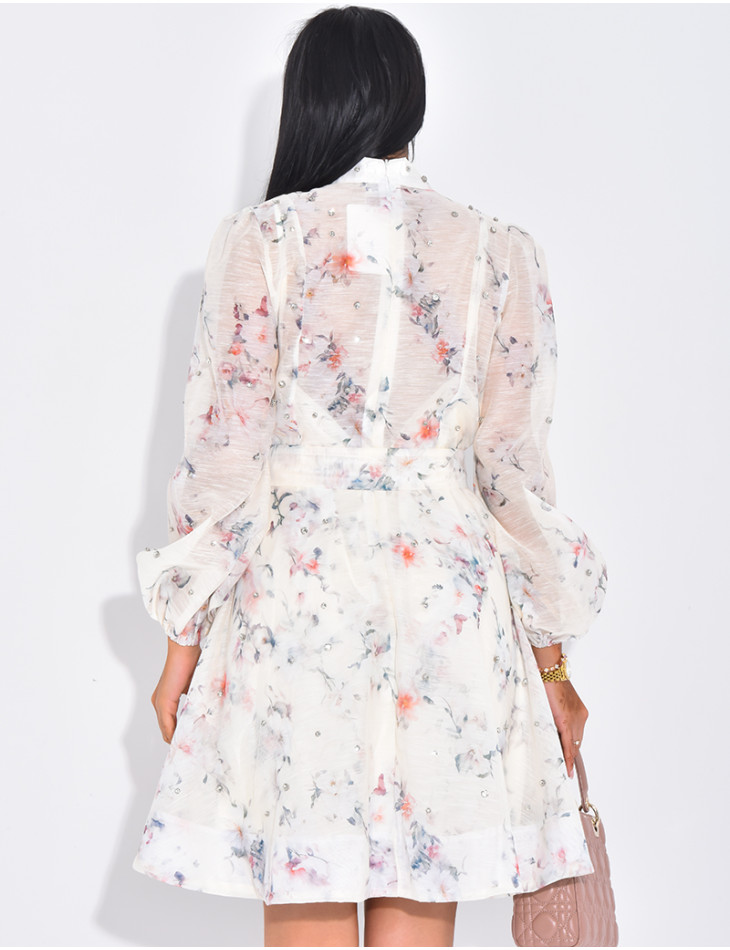 Short transparent flared dress with rhinestone print (includes lining)