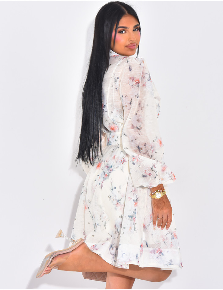 Short transparent flared dress with rhinestone print (includes lining)