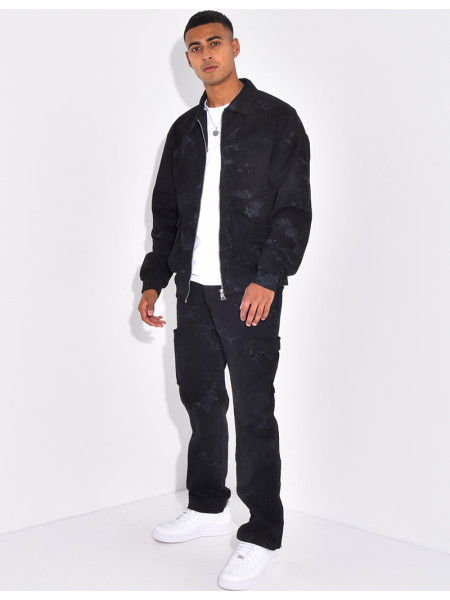Ensemble en jeans pantalon et veste effet tâché