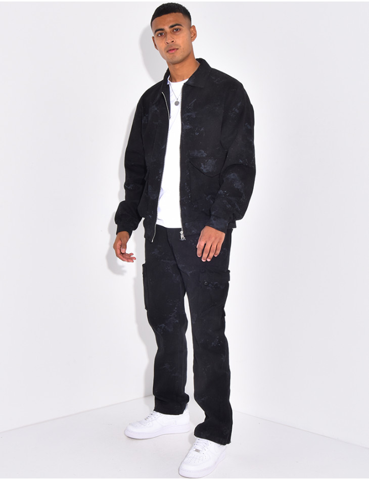 Ensemble en jeans pantalon et veste effet tâché