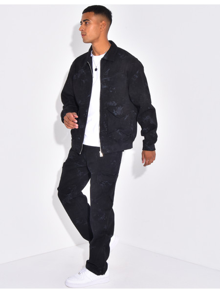 Ensemble en jeans pantalon et veste effet tâché