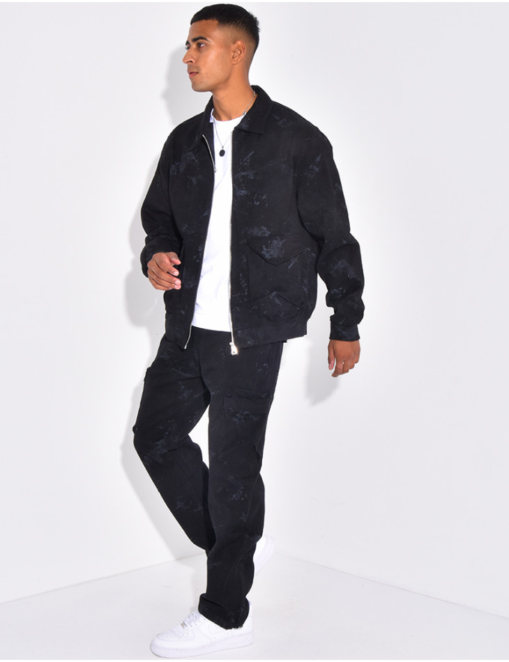 Ensemble en jeans pantalon et veste effet tâché