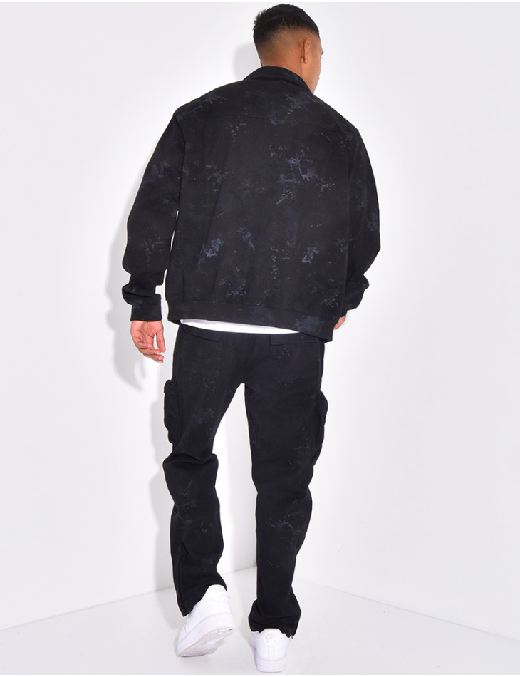 Ensemble en jeans pantalon et veste effet tâché