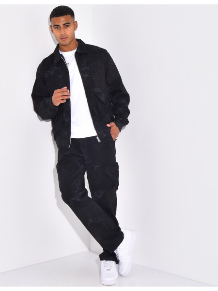Ensemble en jeans pantalon et veste effet tâché