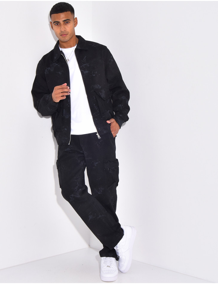 Ensemble en jeans pantalon et veste effet tâché