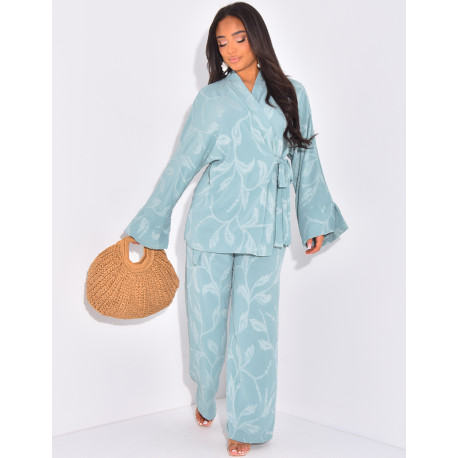 Tie-back kimono and trousers set with leaf motif