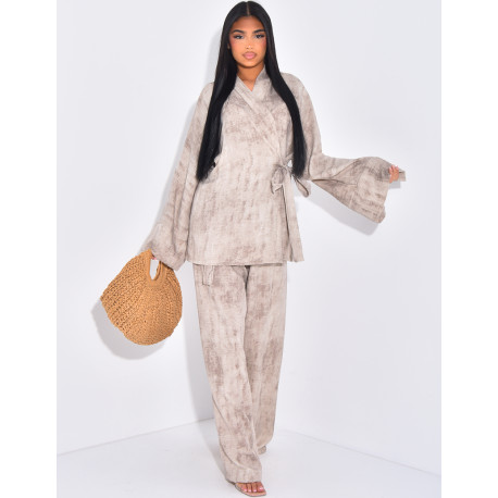 Tie kimono and patterned trousers set