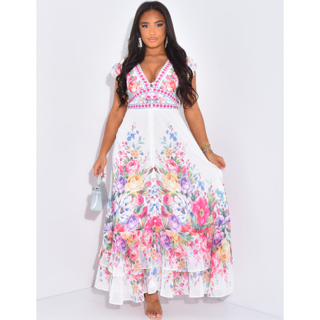 Robe manches courtes à boutonner motif floral