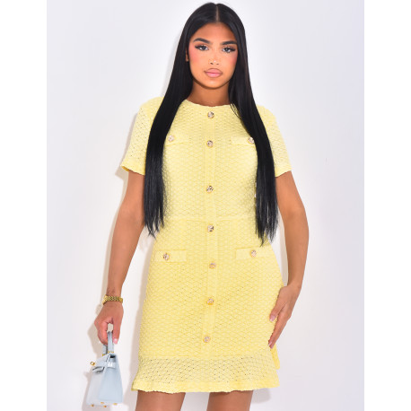 Textured short dress with gold buttons,