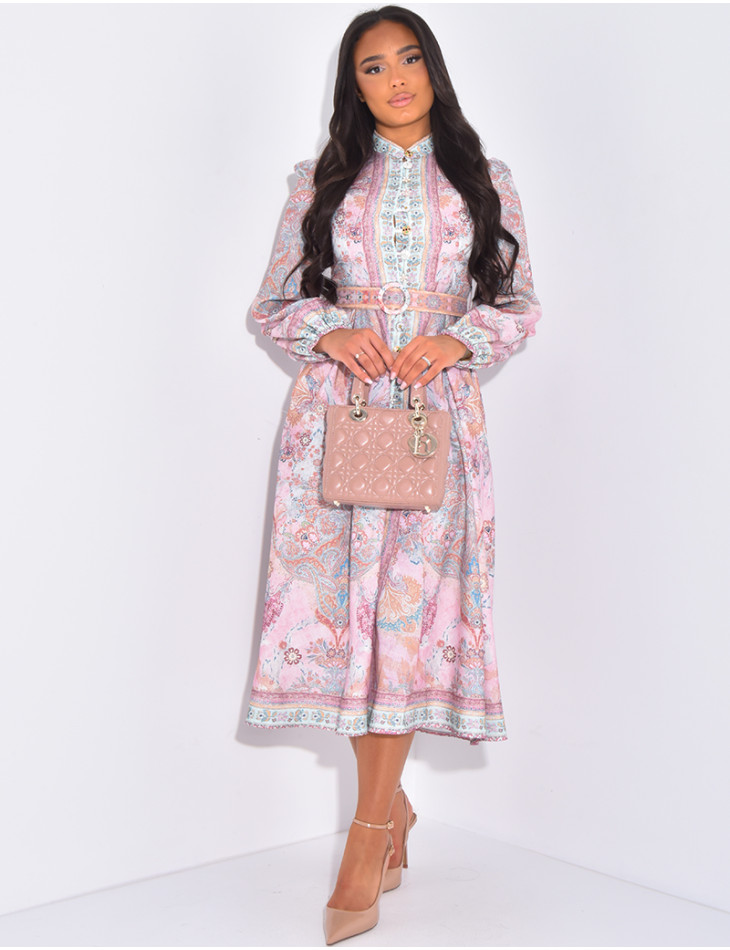 Printed flared maxi dress with waist belt