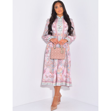 Printed flared maxi dress with waist belt