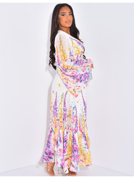 Robe longue à manches évasées et motif floral
