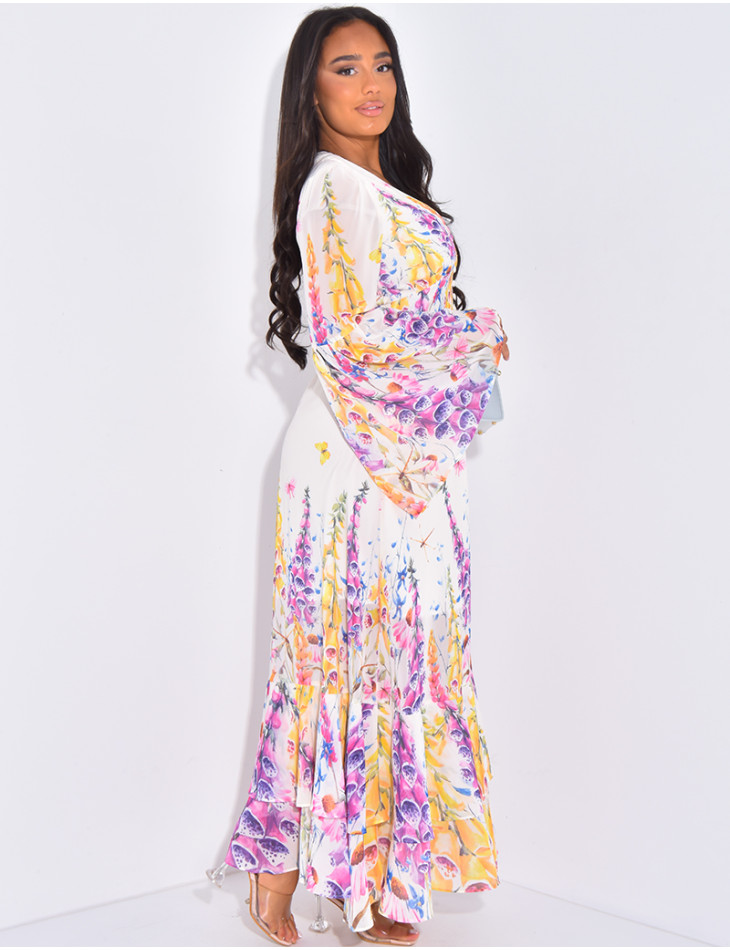 Robe longue à manches évasées et motif floral