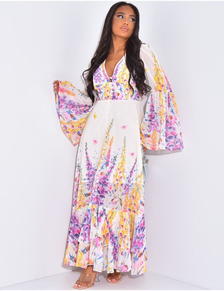 Long dress with flared sleeves and floral motif