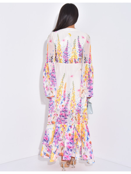 Robe longue à manches évasées et motif floral