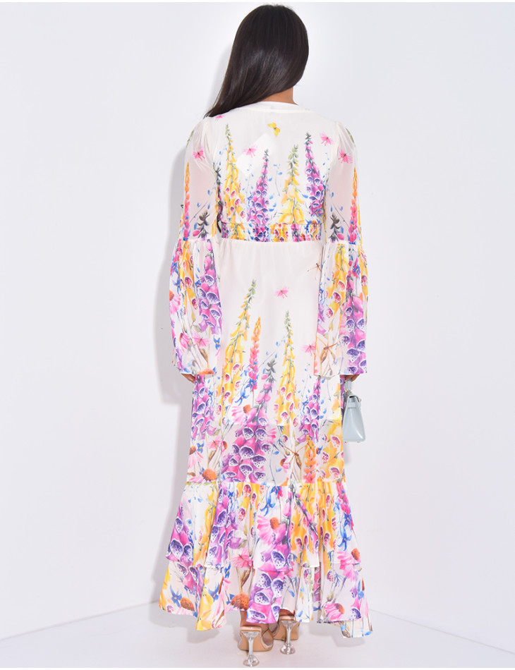 Robe longue à manches évasées et motif floral