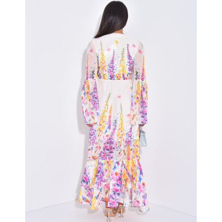 Robe longue à manches évasées et motif floral