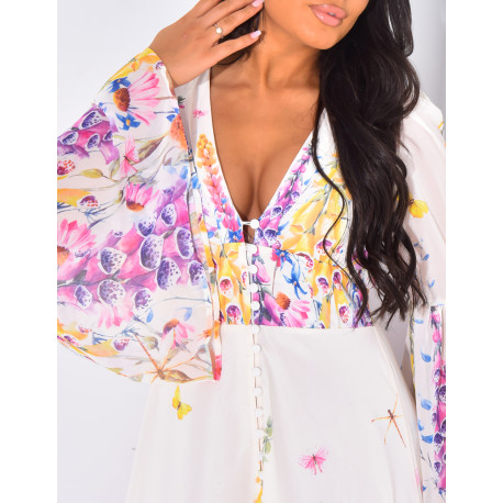Robe longue à manches évasées et motif floral