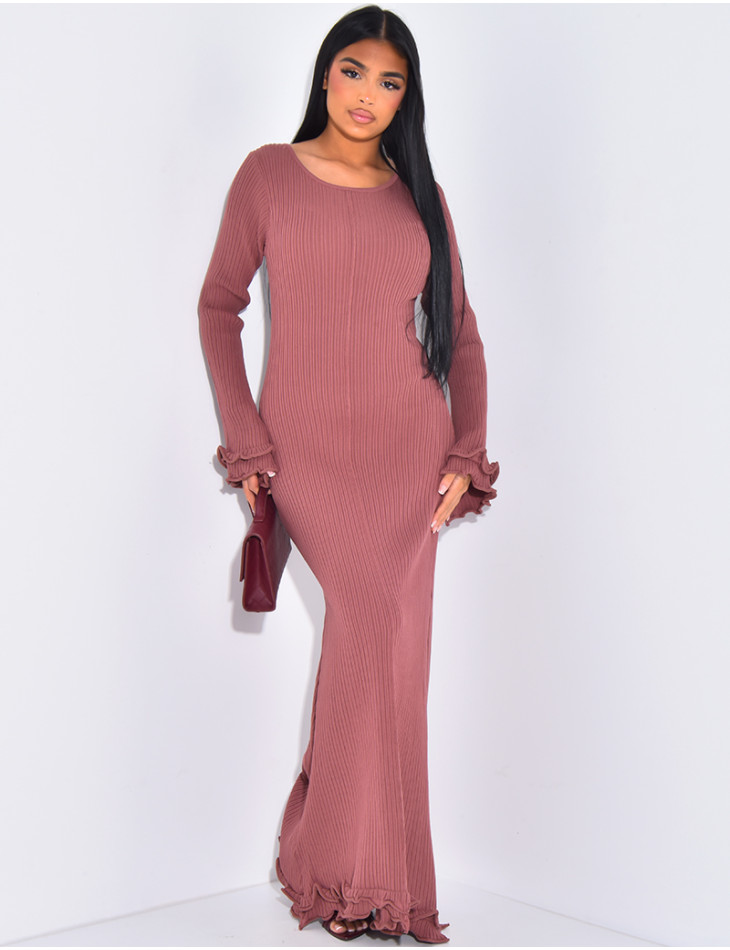 Robe longue côtelée dos nu à lacets