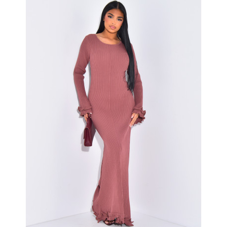 Robe longue côtelée dos nu à lacets