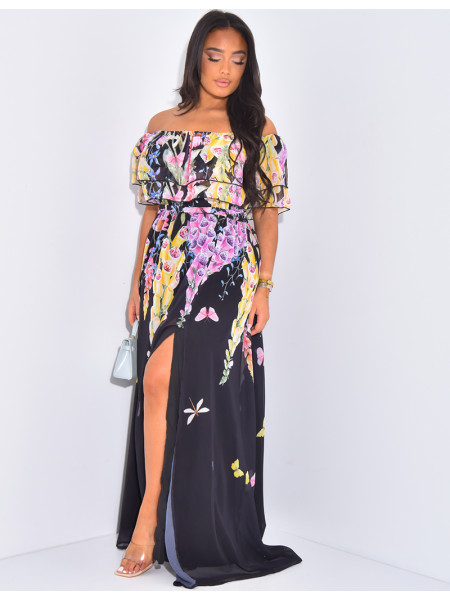 Robe longue à col bardot et motif floral
