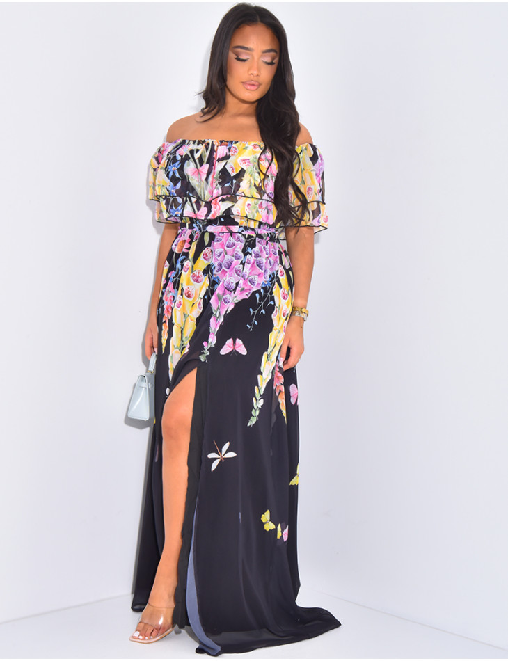 Robe longue à col bardot et motif floral